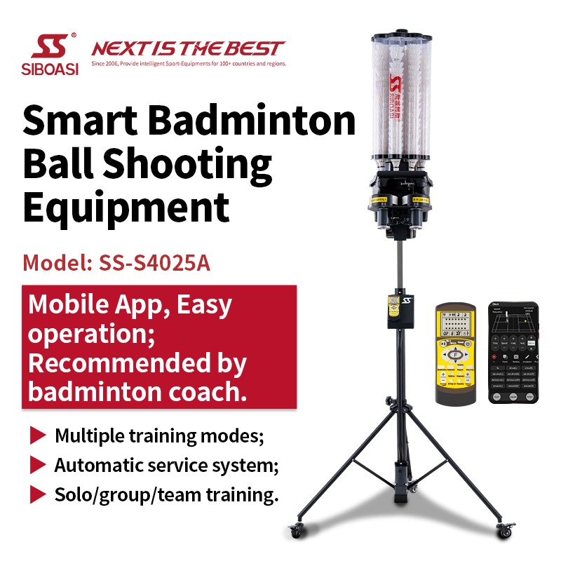 S4025A Máquina de entrenamiento de bádminton profesional con taladro cruzado de 6 vías y programa inteligente de 21 zonas