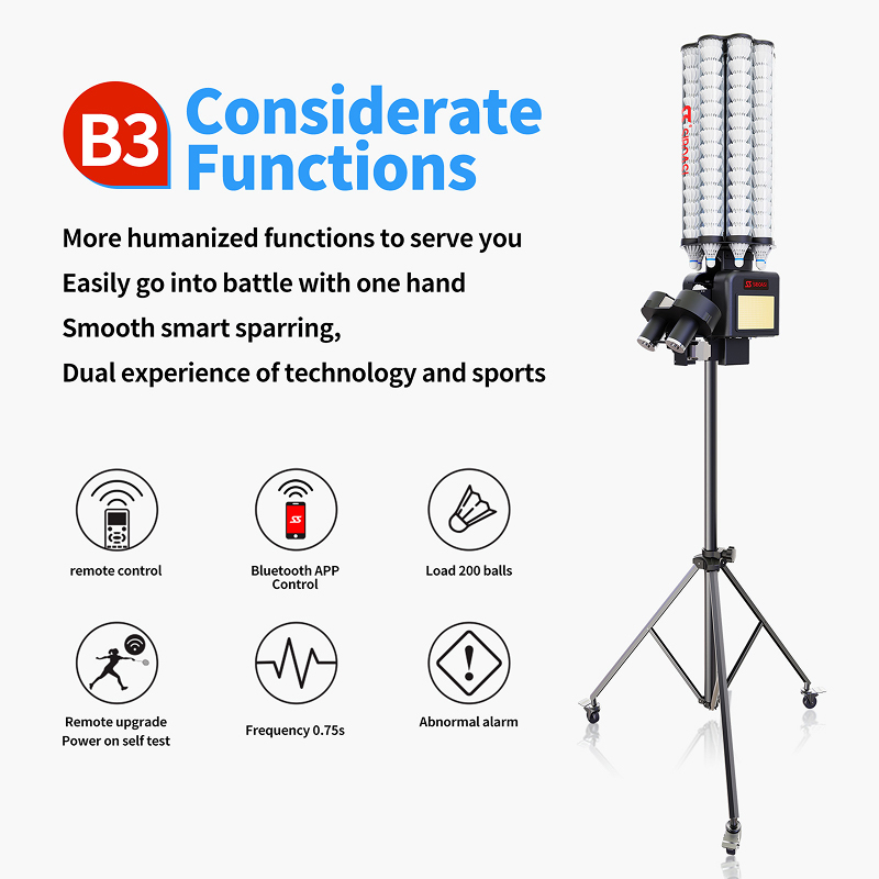 Máquina de entrenamiento de bádminton inteligente B3 con taladro cruzado bidireccional y capacidad para 200 bolas